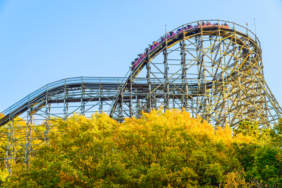 A scene of riding a roller coaster